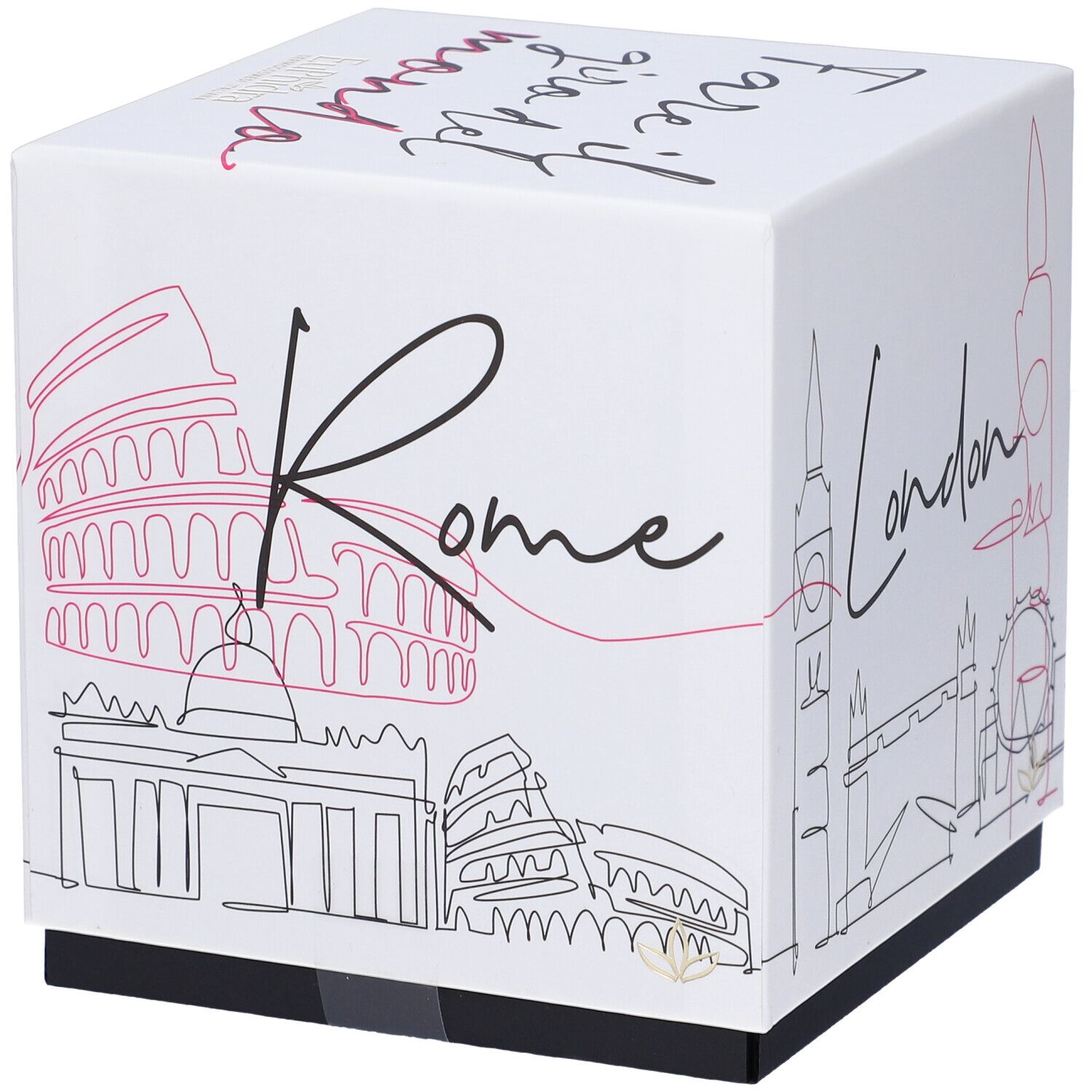 Scatola bianca quadrata con disegni di Roma e Londra. Testo: Fare il giro del mondo.