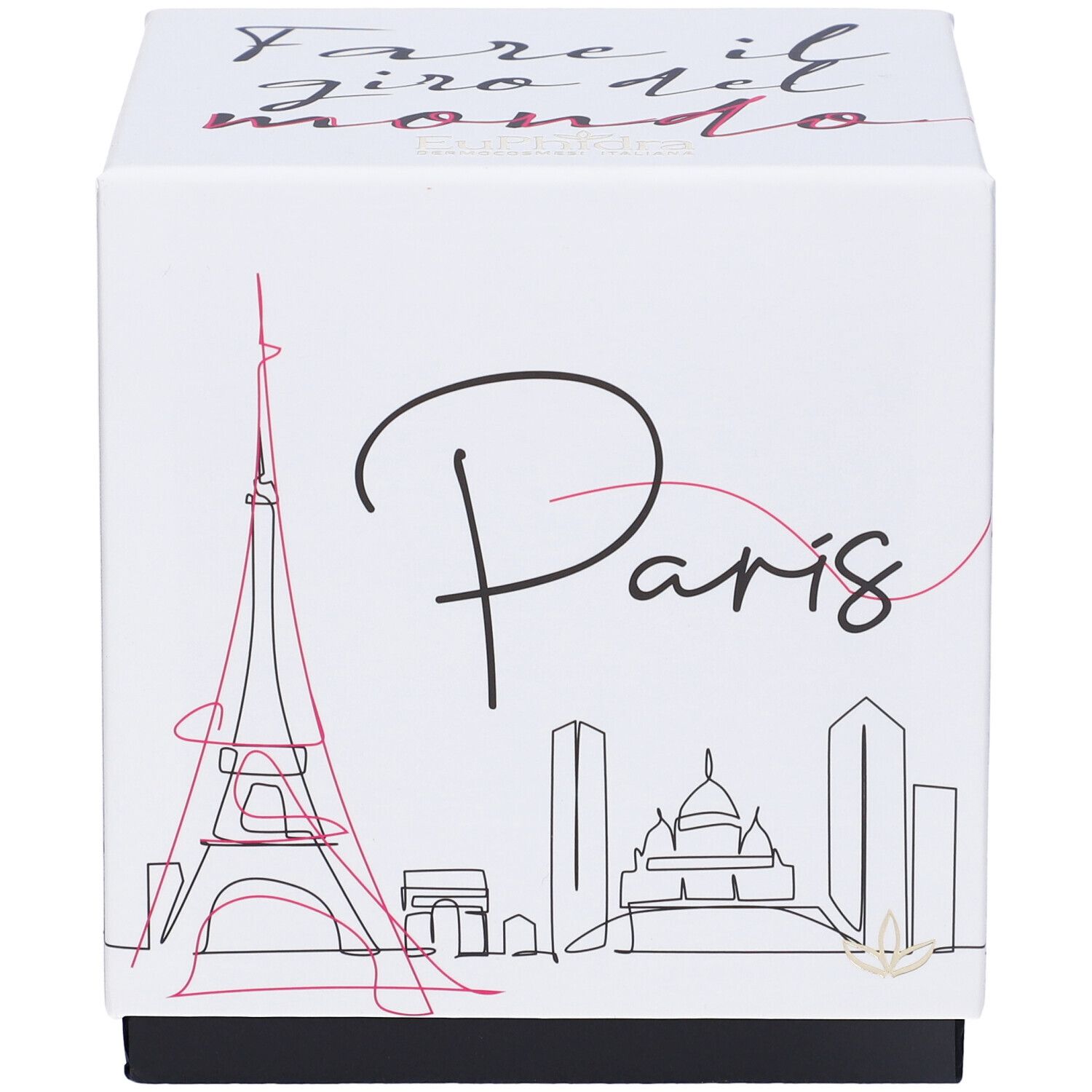 Scatola bianca quadrata con disegno di Parigi. Testo: Fare il giro del mondo.
