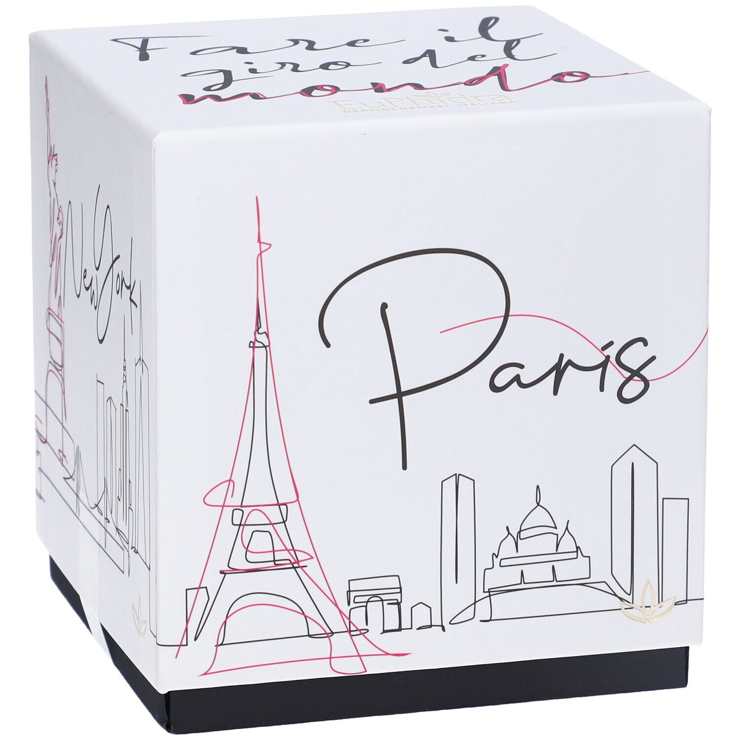 Scatola bianca quadrata con disegno di Parigi. Testo: Fare il giro del mondo.