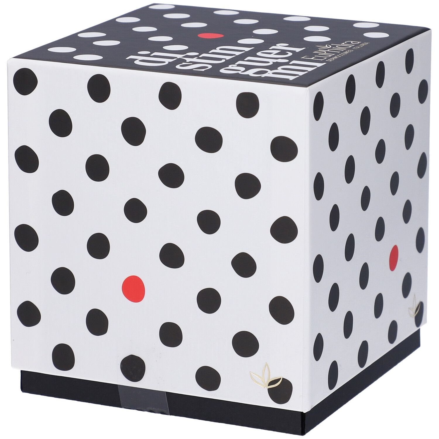 Scatola regalo quadrata bianca a pois neri e punto rosso. Coperchio nero con testo bianco. Logo in basso a destra.