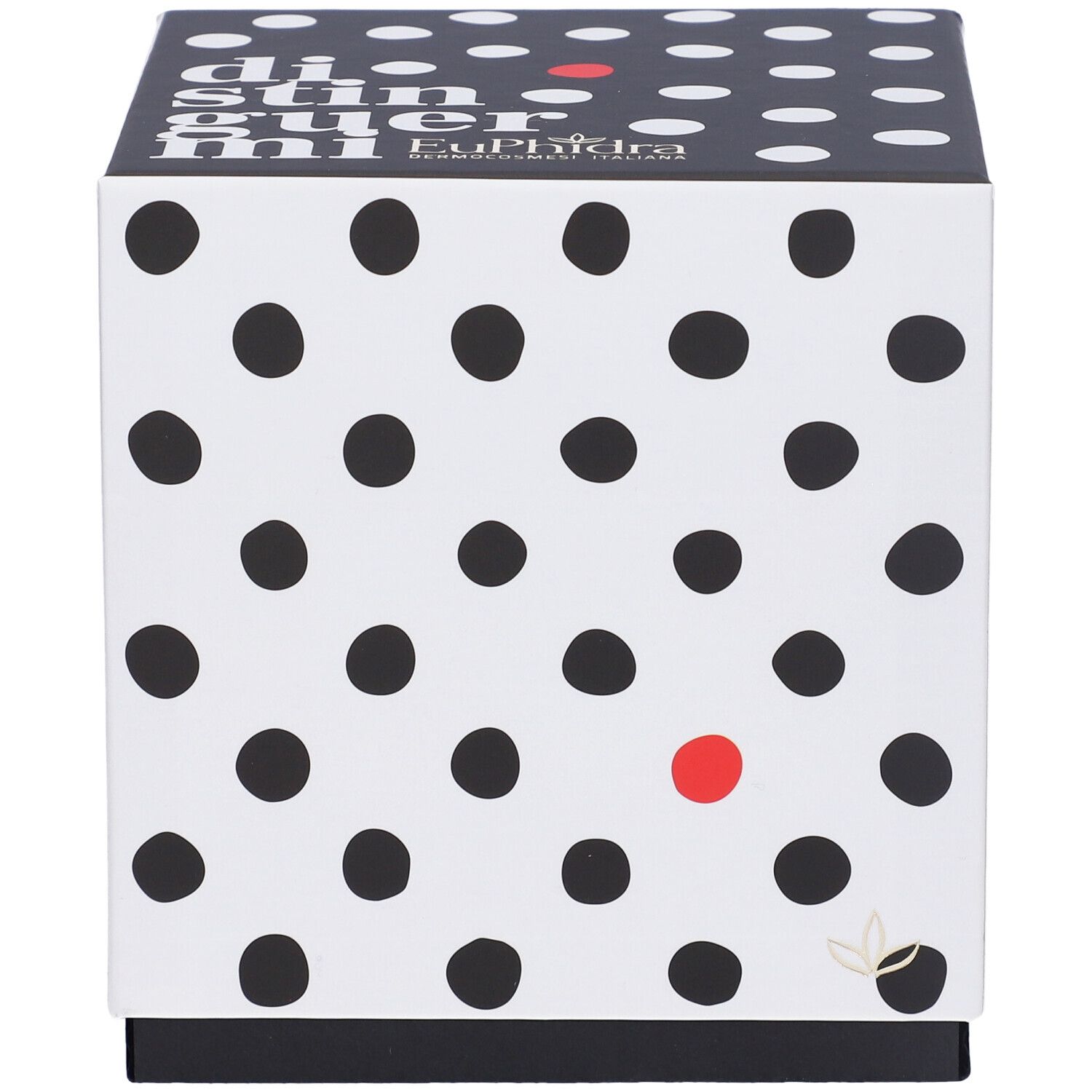 Scatola regalo quadrata bianca a pois neri e punto rosso. Coperchio nero con testo bianco. Logo in basso a destra.