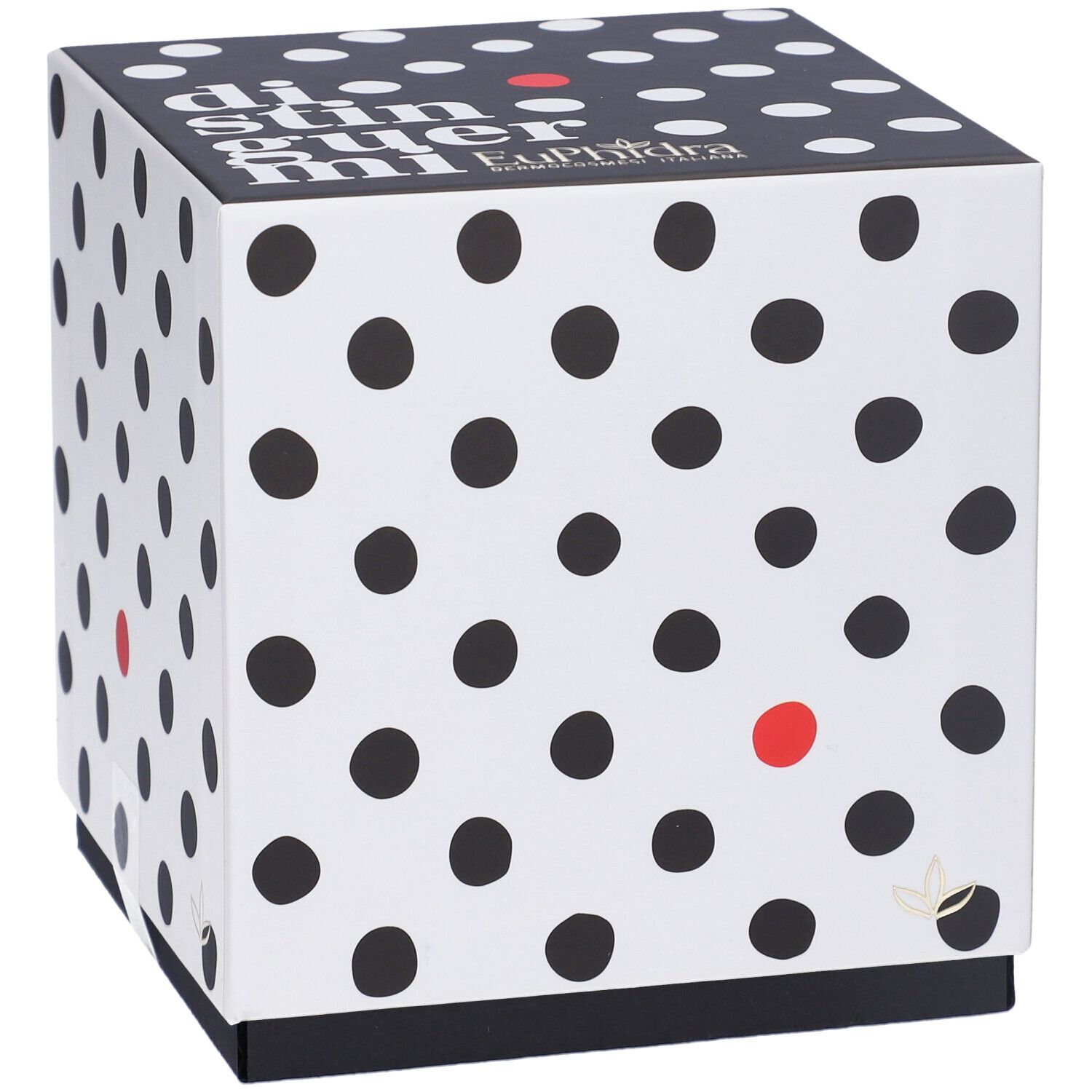 Scatola regalo quadrata bianca a pois neri e punto rosso. Coperchio nero con testo bianco. Logo in basso a destra.