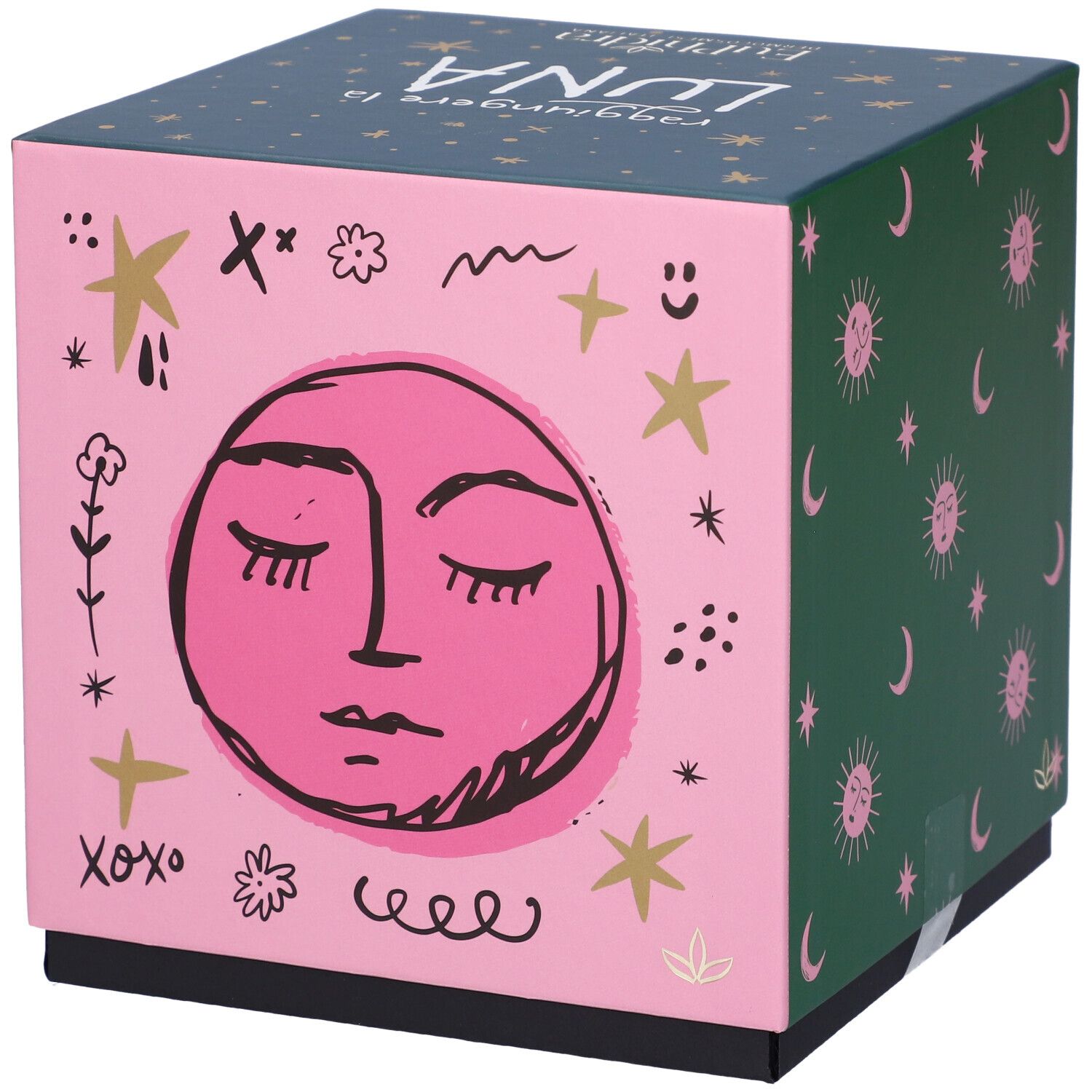 Scatola regalo rosa e verde con motivi volto lunare e stelle. Scritta: Raggiungere la Luna, Euphidra.