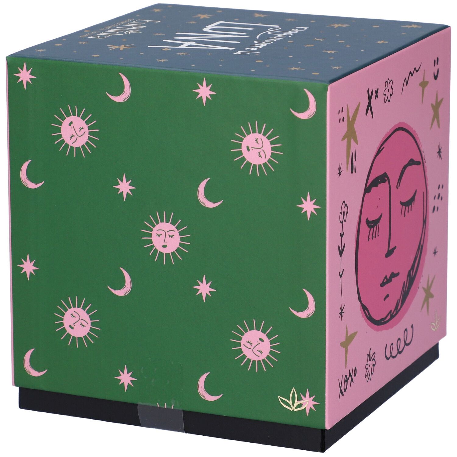 Scatola regalo con motivi volto lunare e stelle. Lati verdi e rosa. Scritta: Raggiungere la Luna, Euphidra.