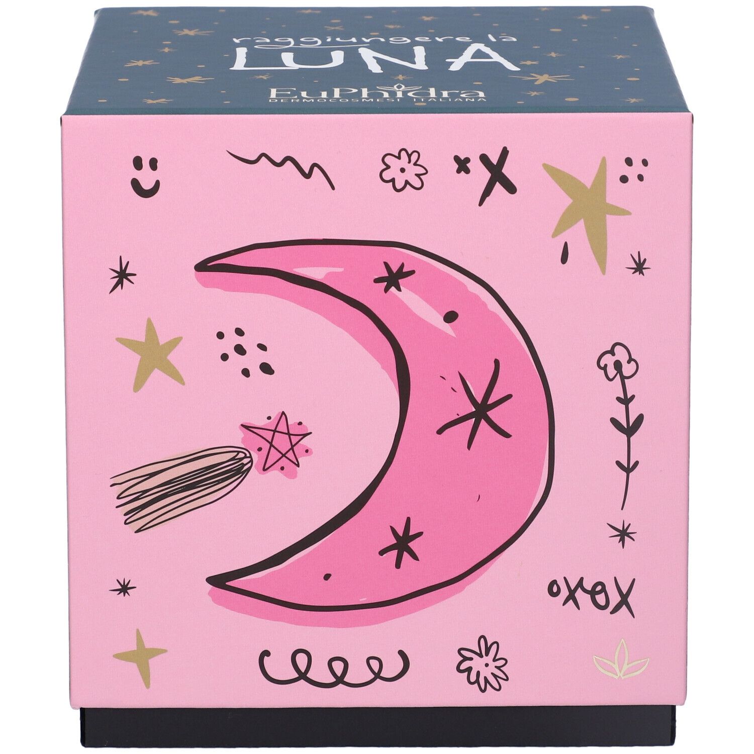 Scatola regalo rosa con motivi luna e stelle. Scritta: Raggiungere la Luna, Euphidra.