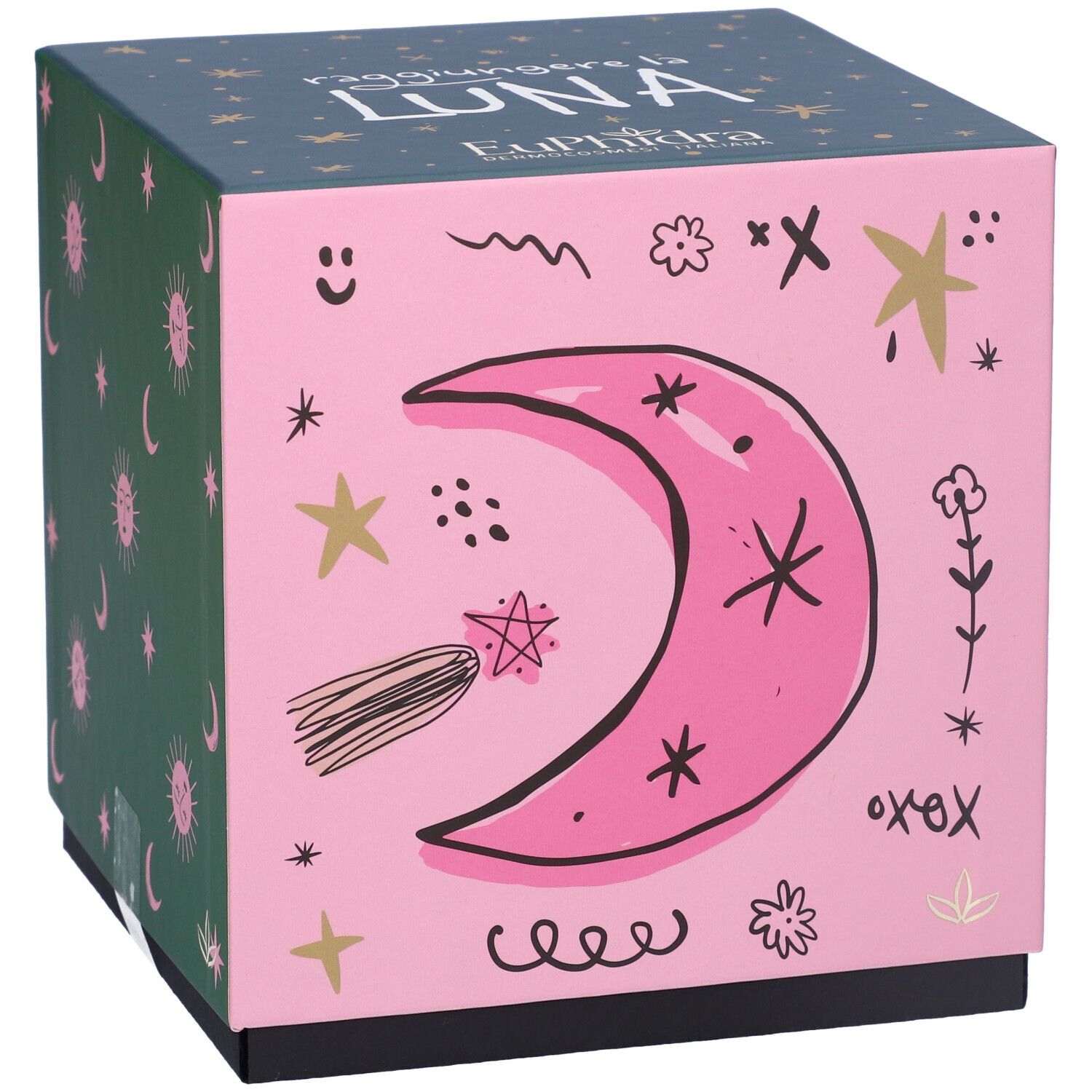 Scatola regalo rosa e verde con motivi luna e stelle. Scritta: Raggiungere la Luna, Euphidra.