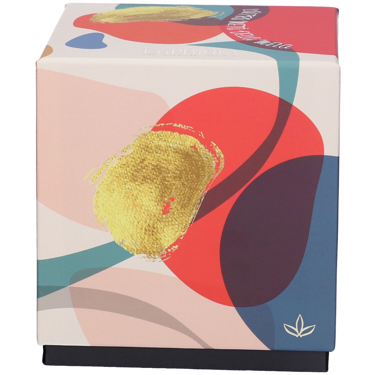 Scatola regalo quadrata con design colorato e dettagli dorati. Nome del prodotto in evidenza. Base nera.