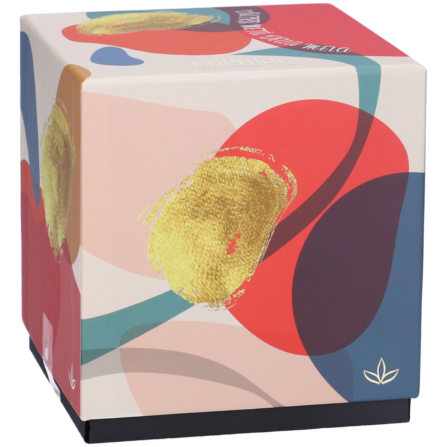 Scatola regalo quadrata con design colorato e dettagli dorati. Nome del prodotto in evidenza. Base nera.