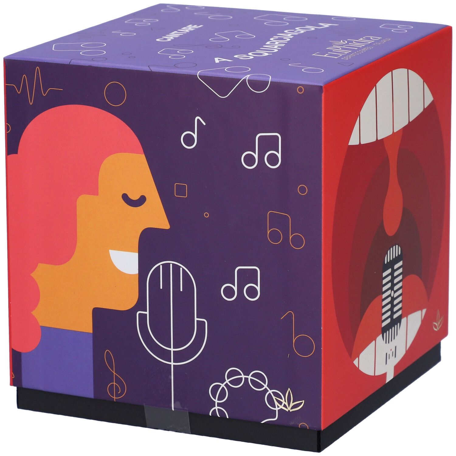 Confezione regalo quadrata con grafica rossa e viola. Raffigurazione di una bocca con microfono, una persona che canta e note musicali.