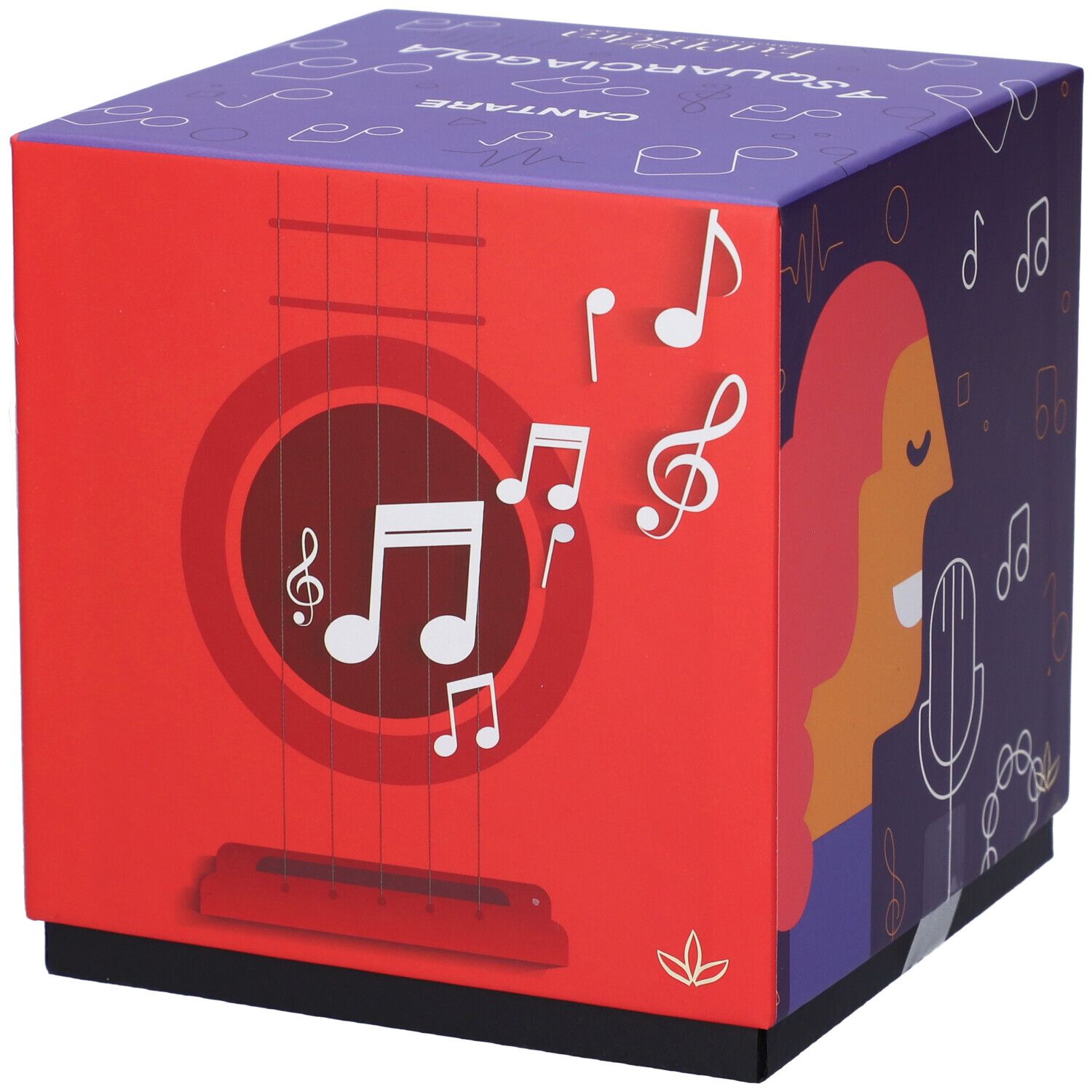 Confezione regalo quadrata con grafica rossa e viola. Raffigurazione di una chitarra, una persona che canta e note musicali.