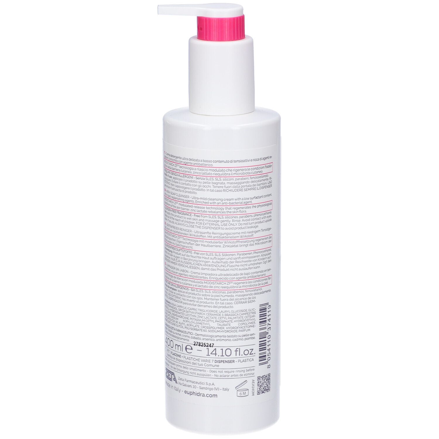 Flacone bianco con dosatore rosa. Retro con testo. Scritte: 400ml. Per pelli sensibili.