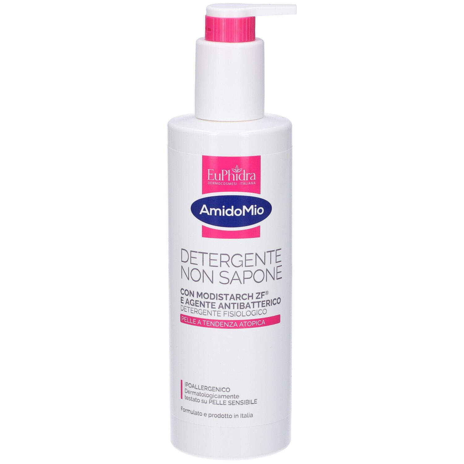 Flacone bianco con dosatore rosa. Scritte: Euphidra, AmidoMio, Detergente Non Sapone. Per pelli sensibili.