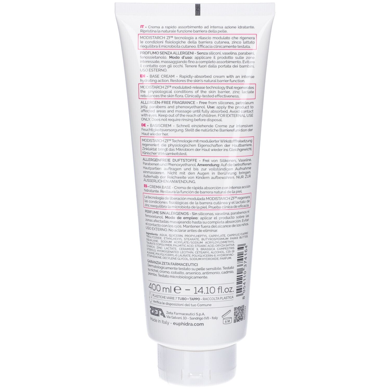 Retro di un tubo bianco. Testo multilingue. In basso, "400 ml - 14.10 fl.oz".