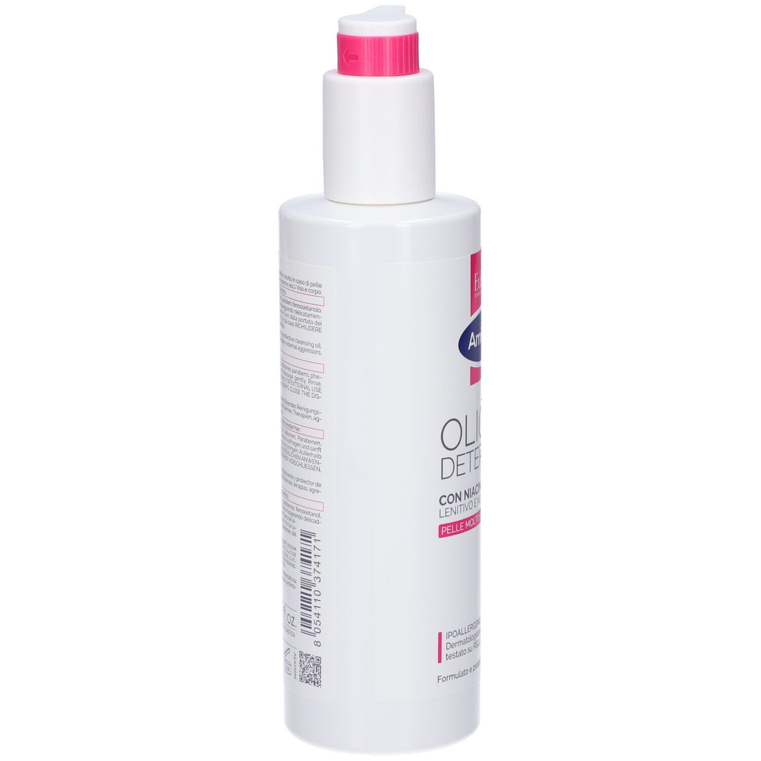 Flacone bianco con testo. Scritta: Euphidra, Amidomio, Olio Detergente. Informazioni prodotto sul retro.