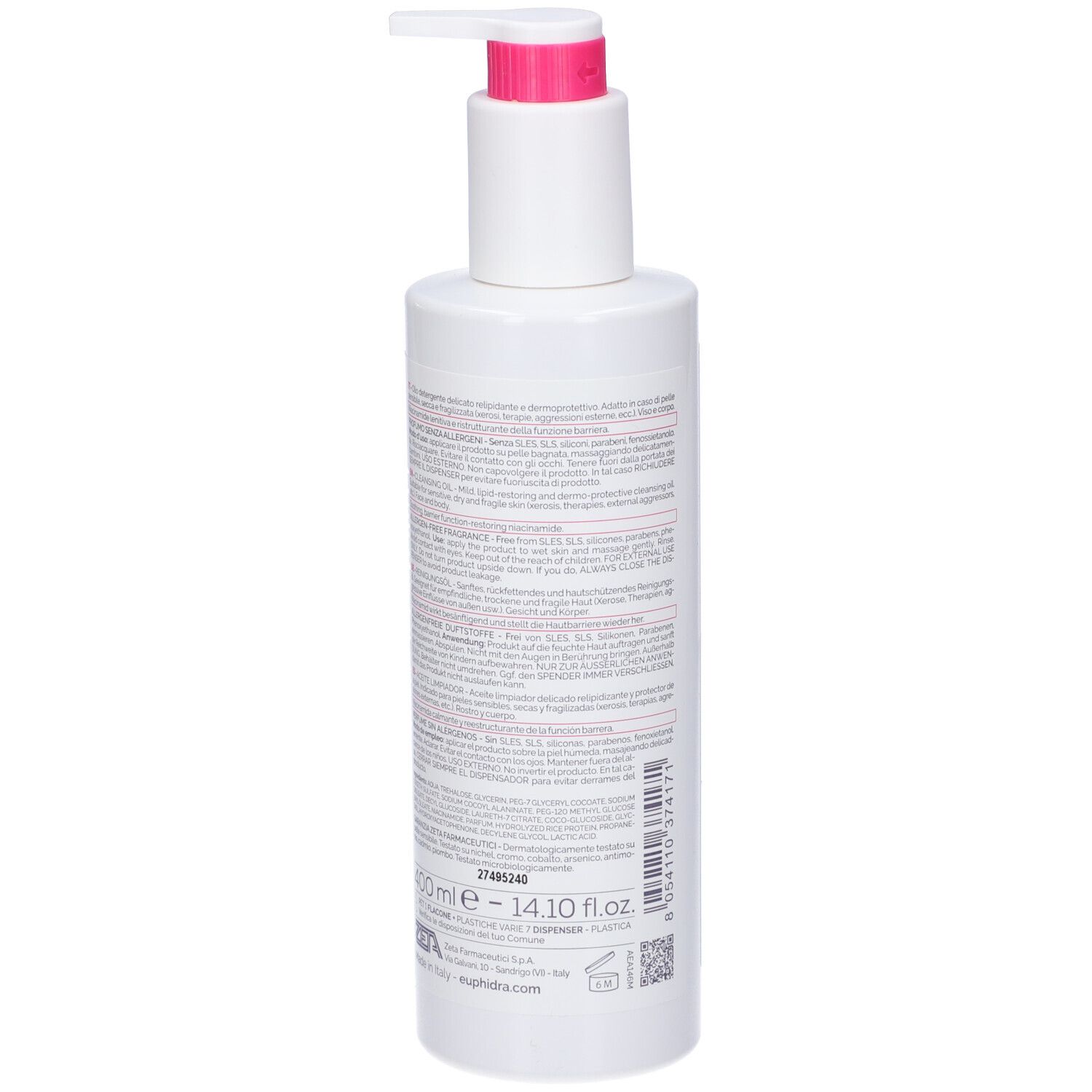 Flacone bianco con testo. Scritta: Euphidra, Amidomio, Olio Detergente. Informazioni prodotto sul retro.