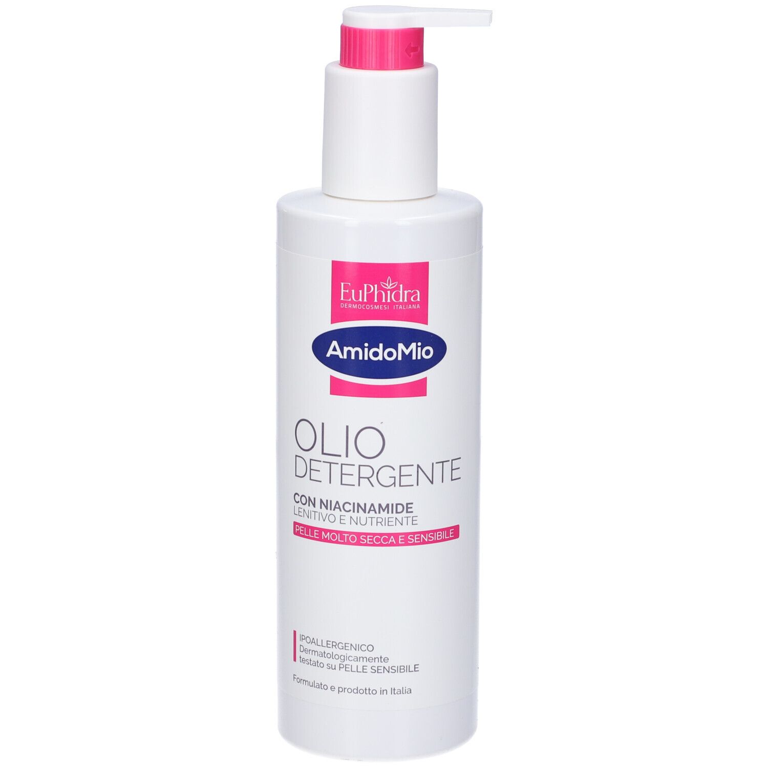 Flacone bianco con dettagli rosa. Scritta: Euphidra, Amidomio, Olio Detergente. Per pelli secche e sensibili.