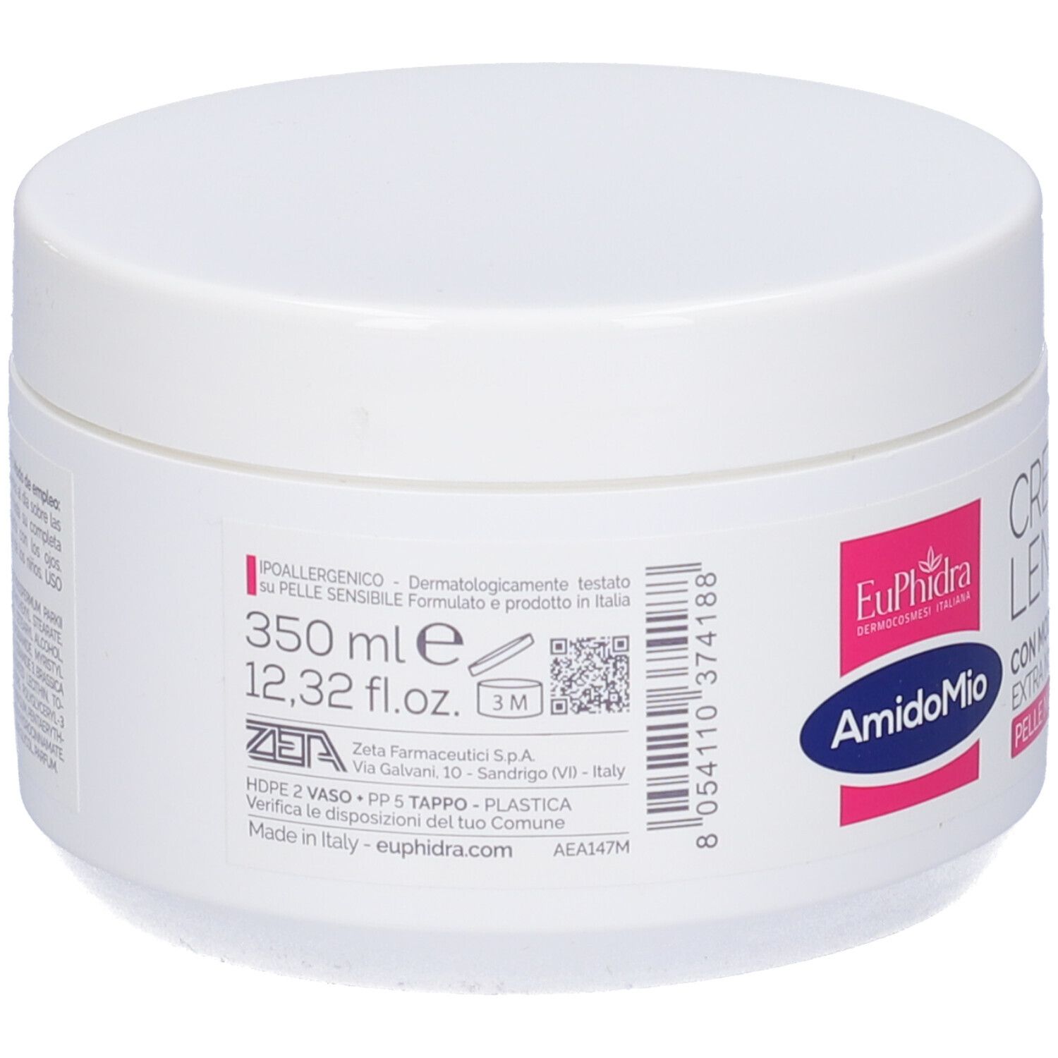 Vaso bianco, retro con testo e codice a barre. Scritta: 350 ml, 12,32 fl.oz. Informazioni produttore e logo.