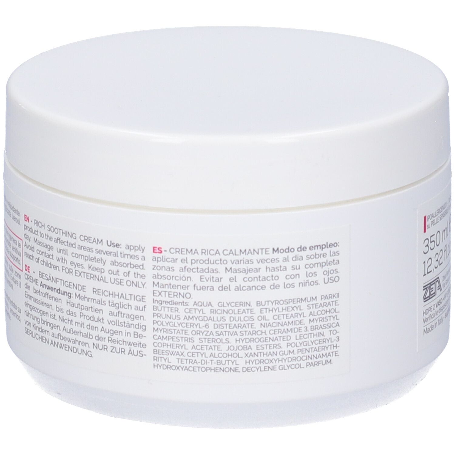 Vaso bianco, retro con testo. Contiene informazioni sull'uso e gli ingredienti. Informazioni produttore.