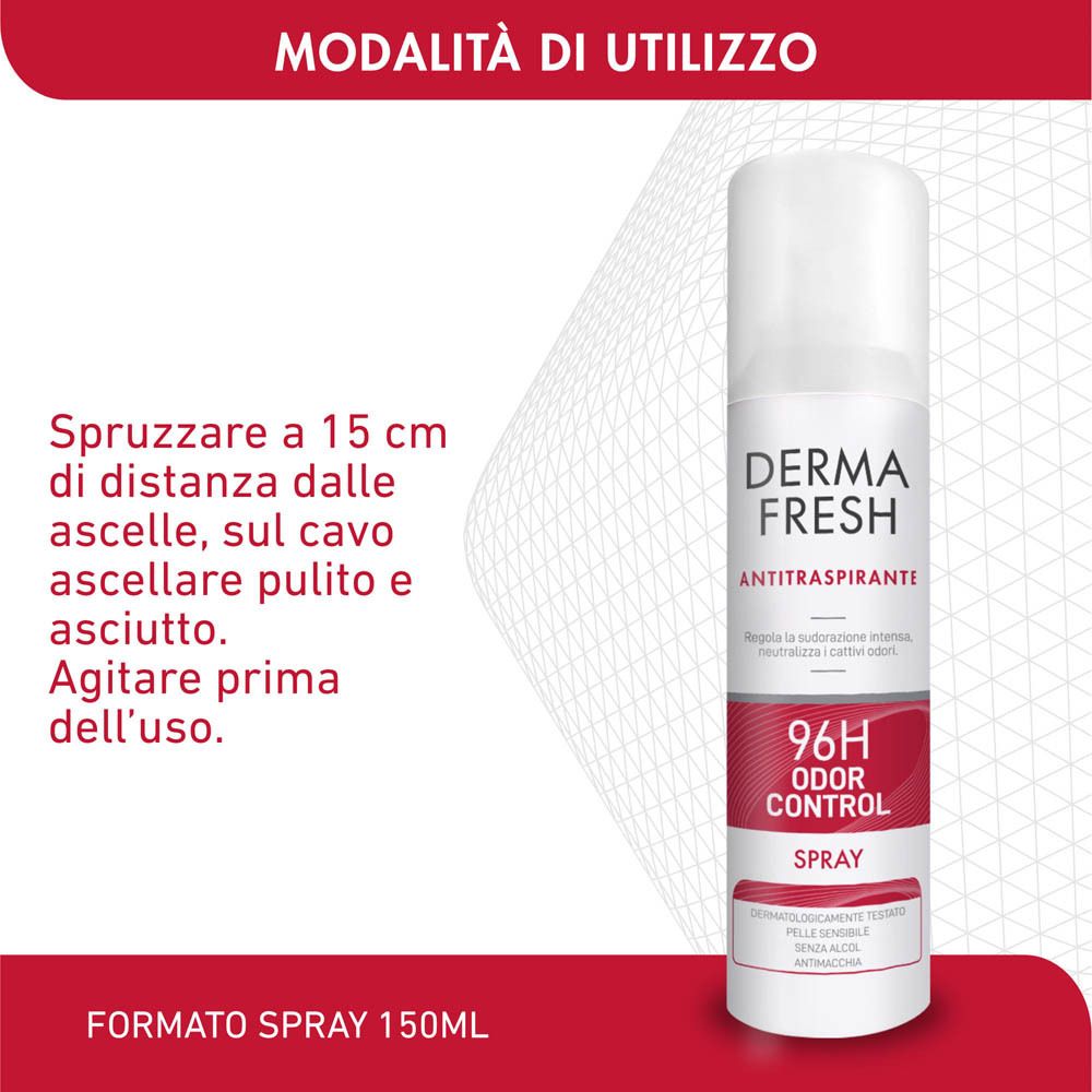 Flacone spray. Testo: Dermafresh, Antitraspirante, 96H Odor Control, Spray. Uso: 15 cm di distanza.