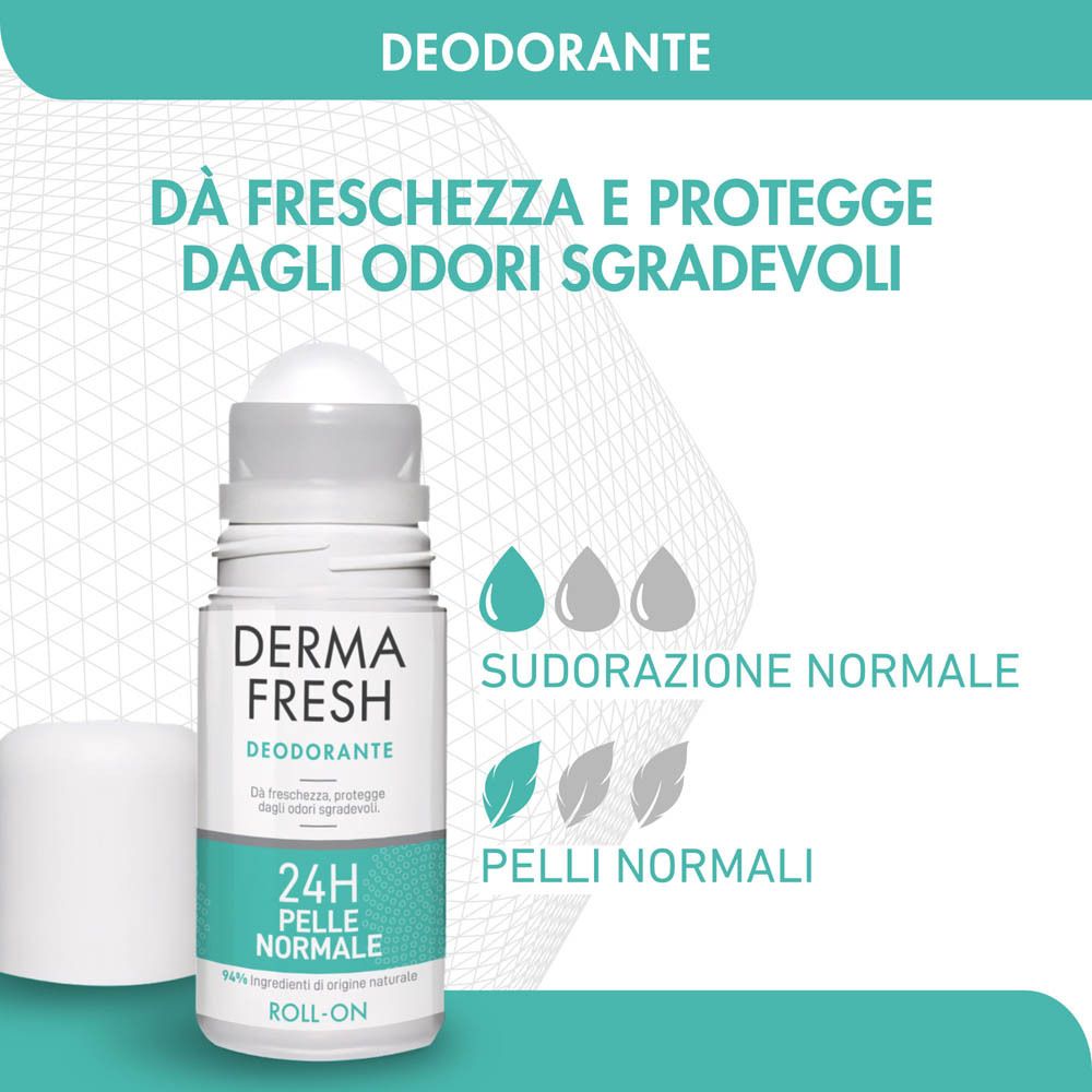 Roll-on deodorante. Marchio: Dermafresh. Testo: 24H Pelle Normale. Turchese, bianco. Illustrazioni: gocce, foglie.