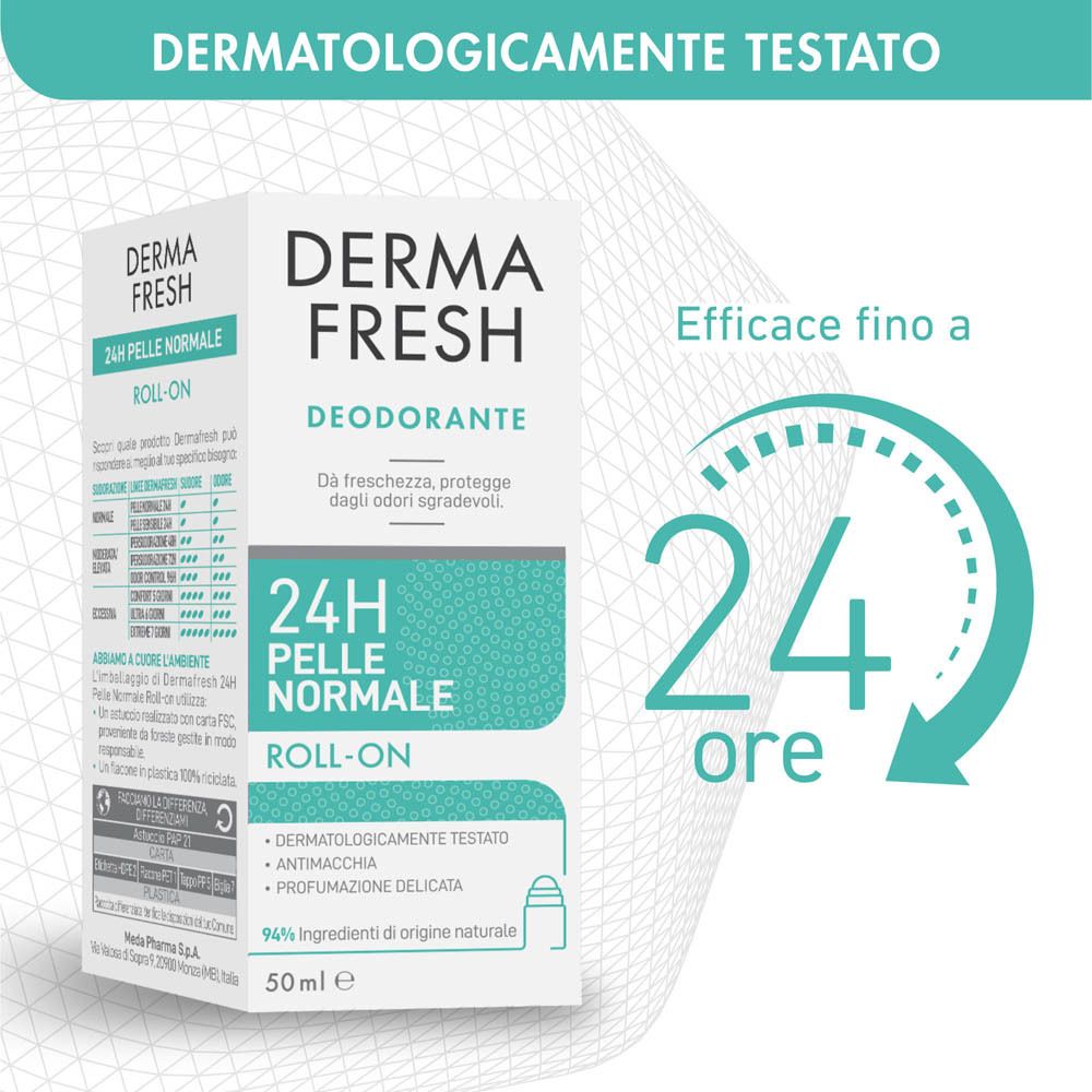 Confezione. Marchio: Dermafresh. Testo: 24H Pelle Normale. Dermatologicamente testato. 24 ore. Bianco, turchese.