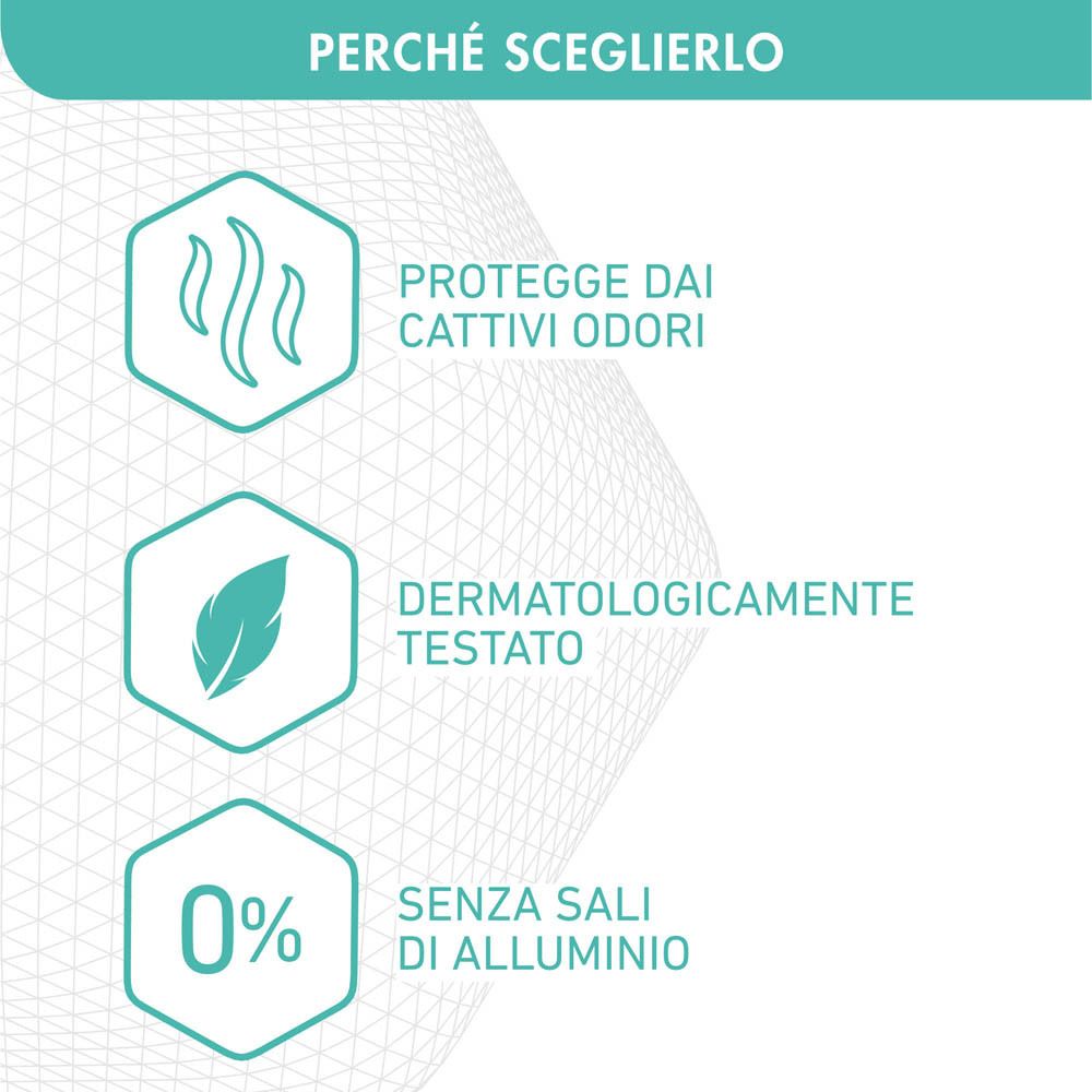 Grafica con icone. Protegge dagli odori, dermatologicamente testato, 0% sali di alluminio. Turchese, bianco.