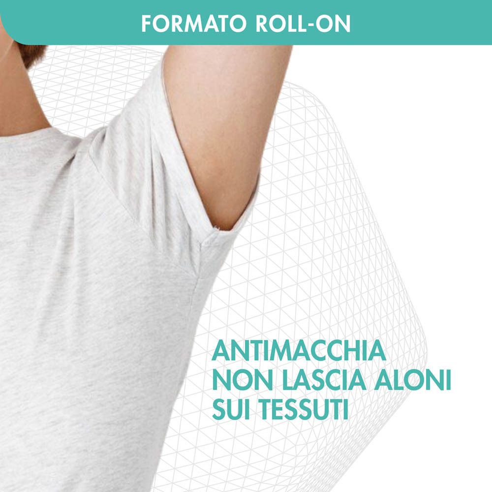 Braccio sotto l'ascella. Testo: Antimacchia, non lascia aloni sui tessuti. T-shirt bianco.