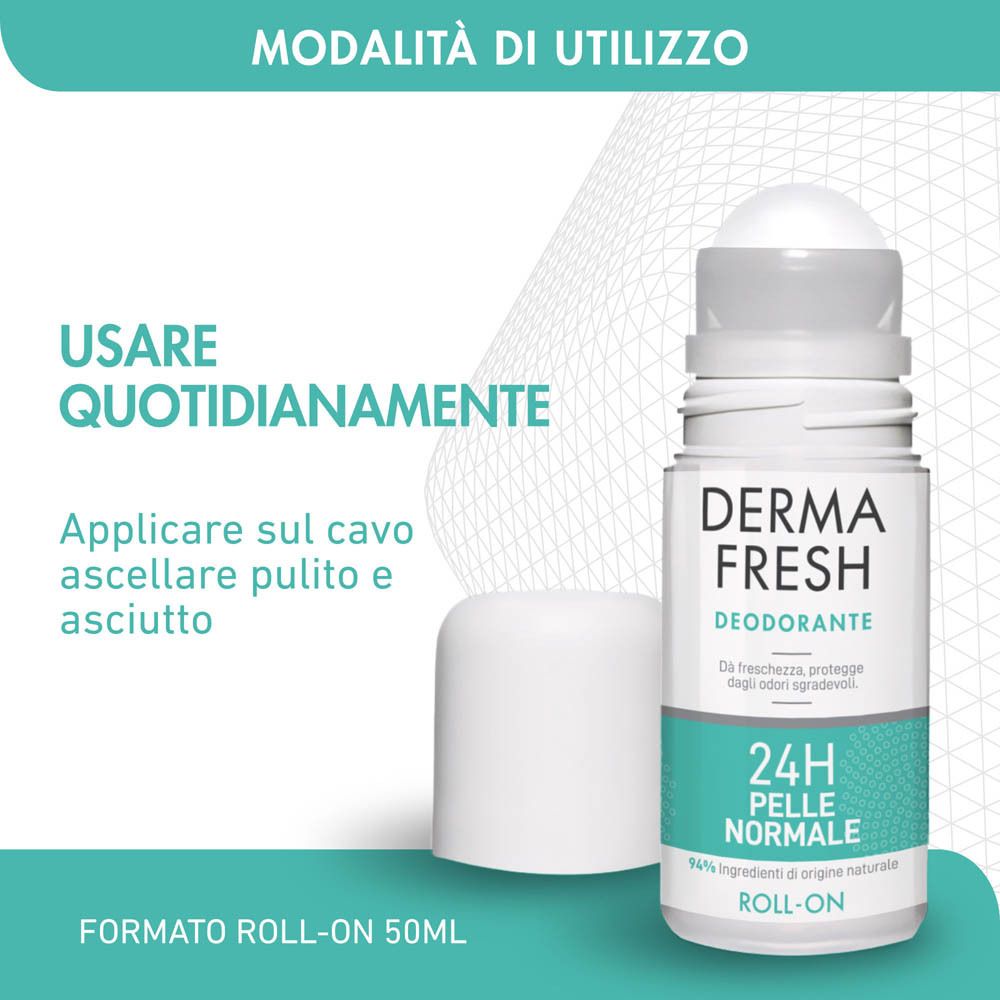 Roll-on deodorante. Marchio: Dermafresh. Testo: 24H Pelle Normale. Uso: Applicare quotidianamente su ascelle pulite e asciutte.