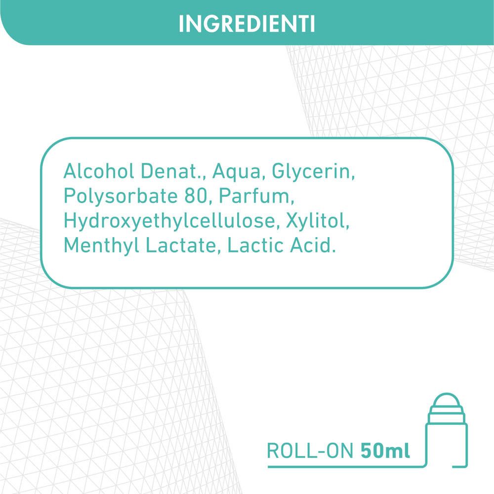Elenco ingredienti. Testo: Alcohol Denat., Aqua, Glycerin... Roll-on 50ml. Sfondo bianco.