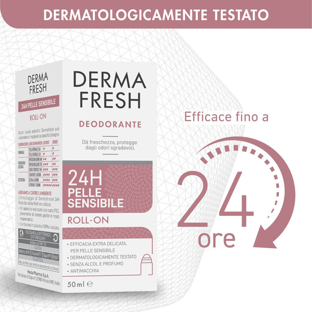 Deodorante roll-on. Dermatologicamente testato. Efficace fino a 24 ore. Confezione con prodotto.