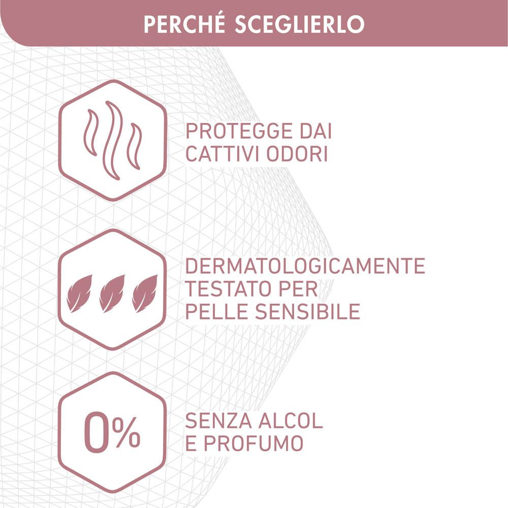 Deodorante roll-on. Protegge dagli odori. Dermatologicamente testato per pelli sensibili. 0% alcool e profumo.