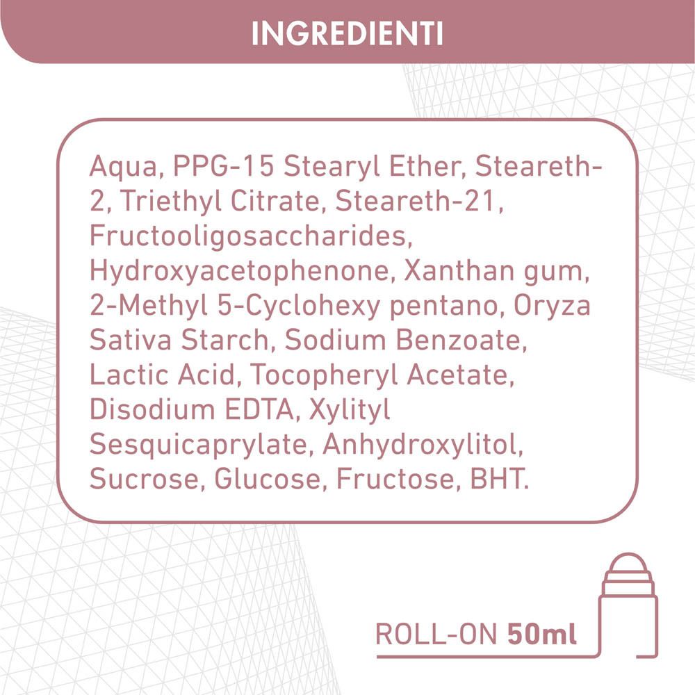 Deodorante roll-on. Ingredienti elencati. Formato roll-on. Testo: Aqua, PPG-15 Stearyl Ether, etc.