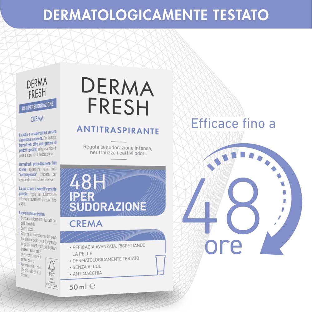 Scatola bianca. Scritto: Dermafresh, Antitraspirante, 48H Ipersudorazione, Crema. Dermatologicamente testato.