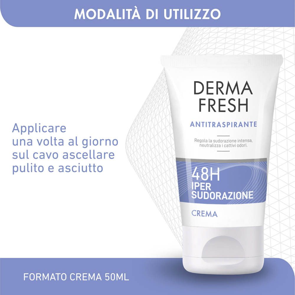Tubo bianco. Scritto: Dermafresh, Antitraspirante, 48H Ipersudorazione, Crema. Modalità d'uso.