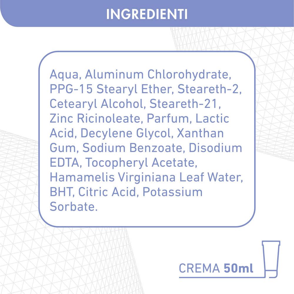 Testo con ingredienti: Aqua, Cloridrato di alluminio, ecc. Crema 50ml.