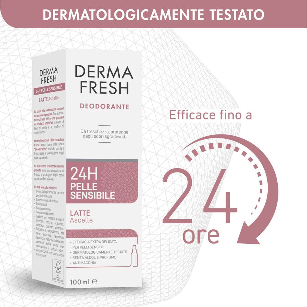 Confezione e flacone spray deodorante. Testo: Dermafresh, 24h, Pelle Sensibile, Latte Ascelle. Dermatologicamente testato. 24 ore.