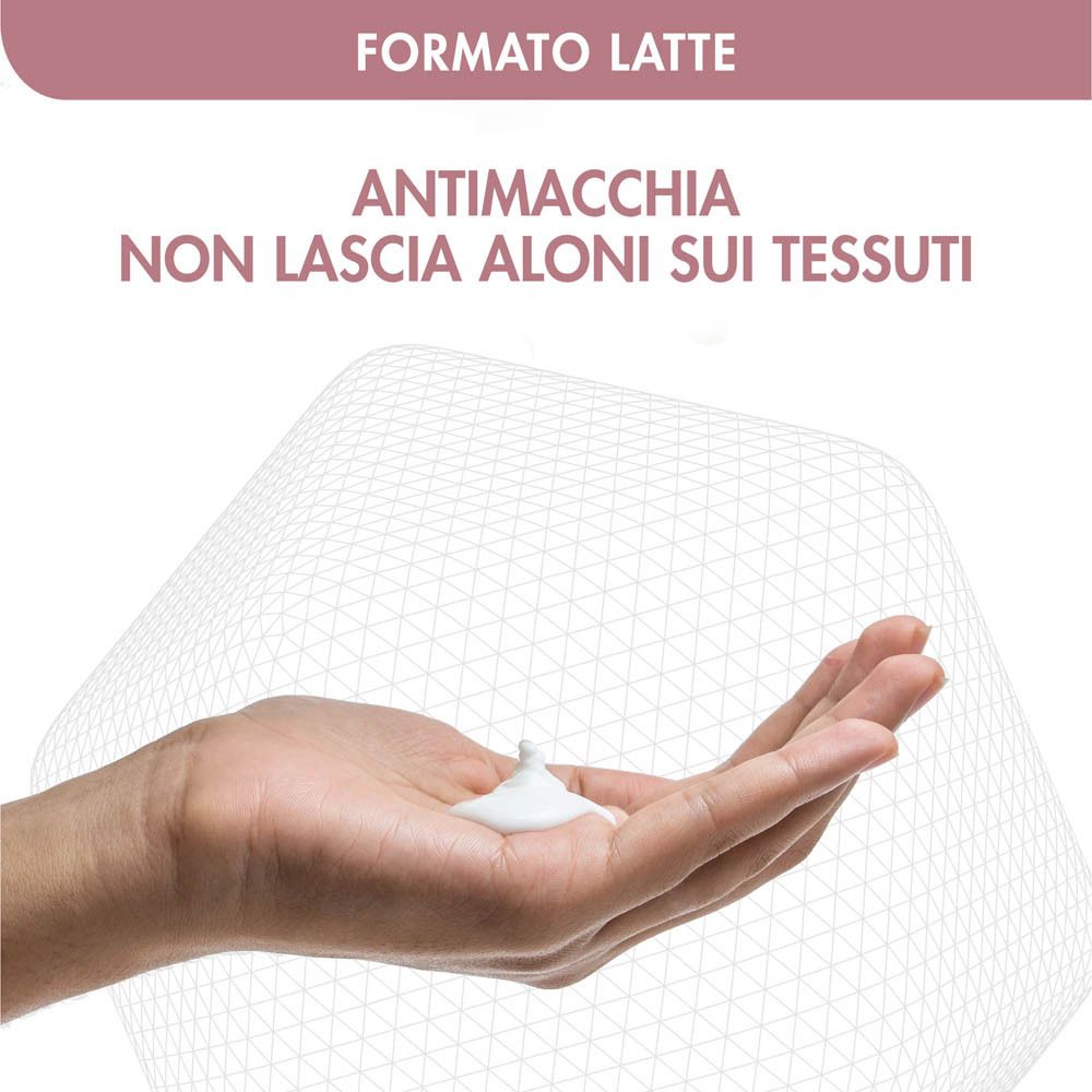 Mano con crema. Testo: Formato Latte, antimacchia, non lascia aloni sui tessuti.
