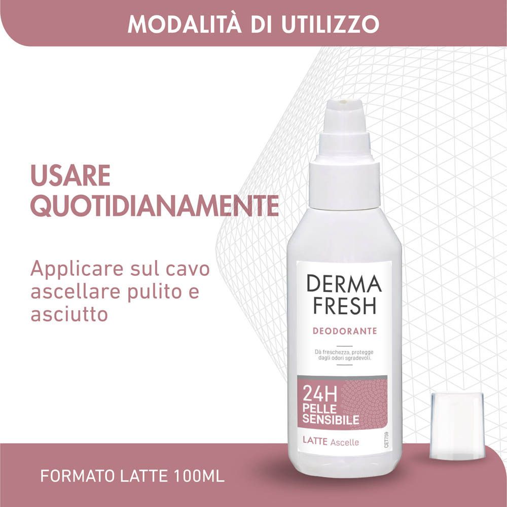 Flacone spray deodorante. Testo: Dermafresh, 24h, Pelle Sensibile, Latte Ascelle. Modalità d'uso: applicare quotidianamente.