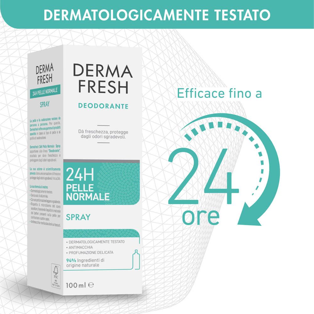 Spray deodorante e confezione. Nome prodotto, indicazione 24h. Dermatologicamente testato. 100 ml.