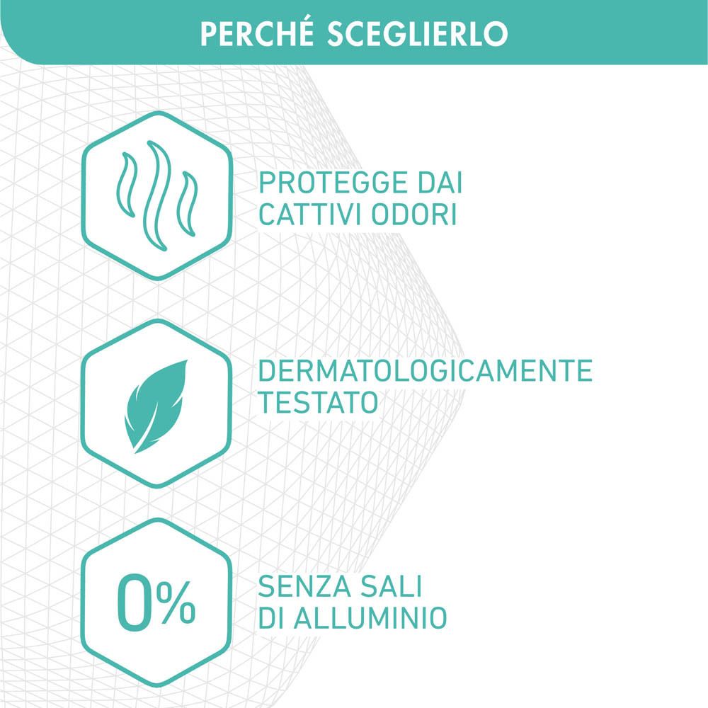 Grafica con icone. Protegge dagli odori, dermatologicamente testato, senza sali di alluminio.
