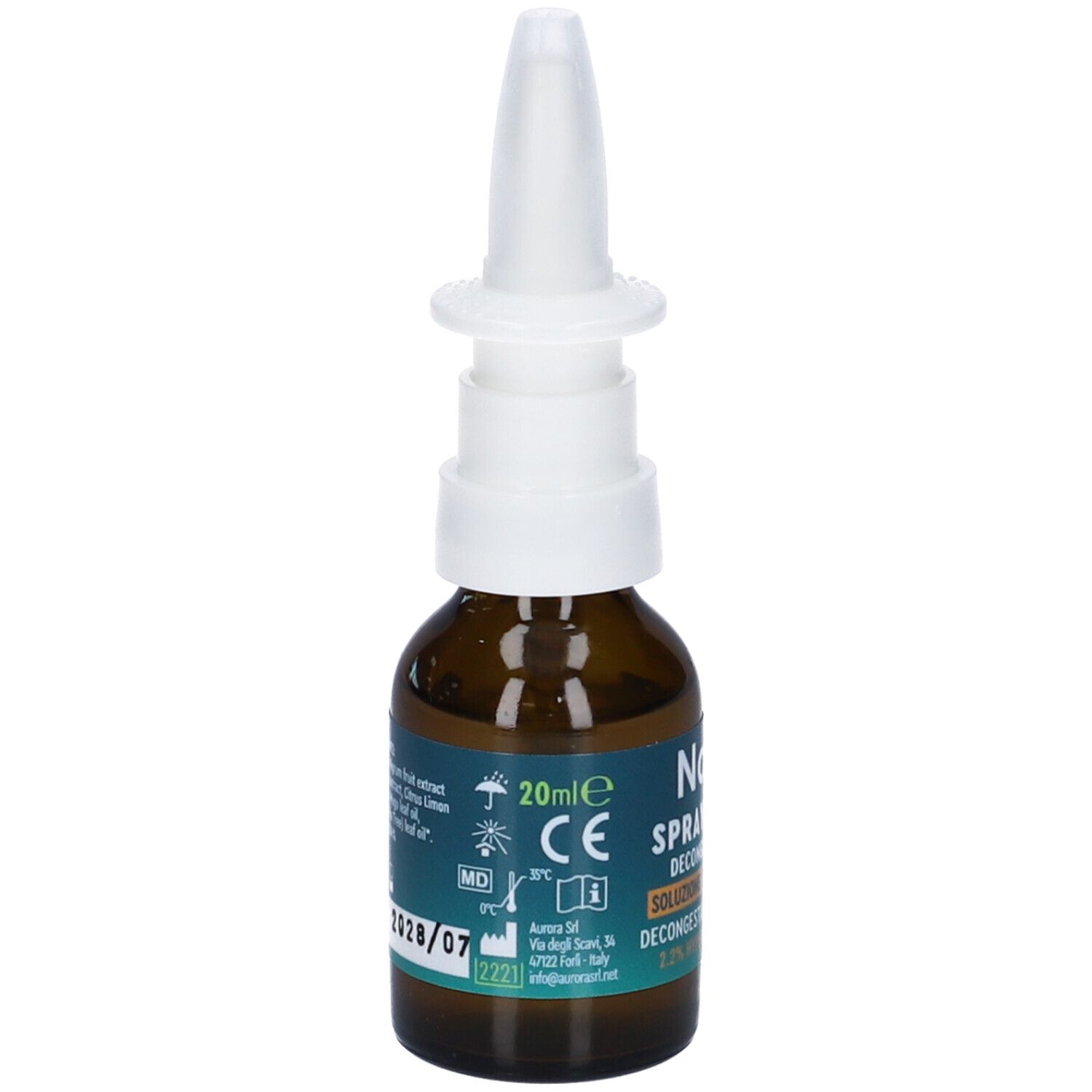 Flacone di vetro marrone con erogatore bianco. Scritta: Nazar Spray Nasale. 20ml. Marchio CE.