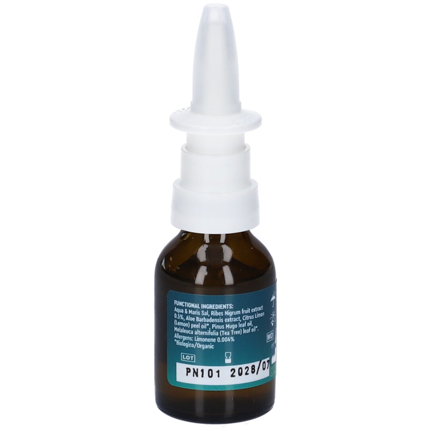 Flacone di vetro marrone con erogatore bianco. Scritta: Nazar Spray Nasale. Testo con ingredienti e numero di lotto.