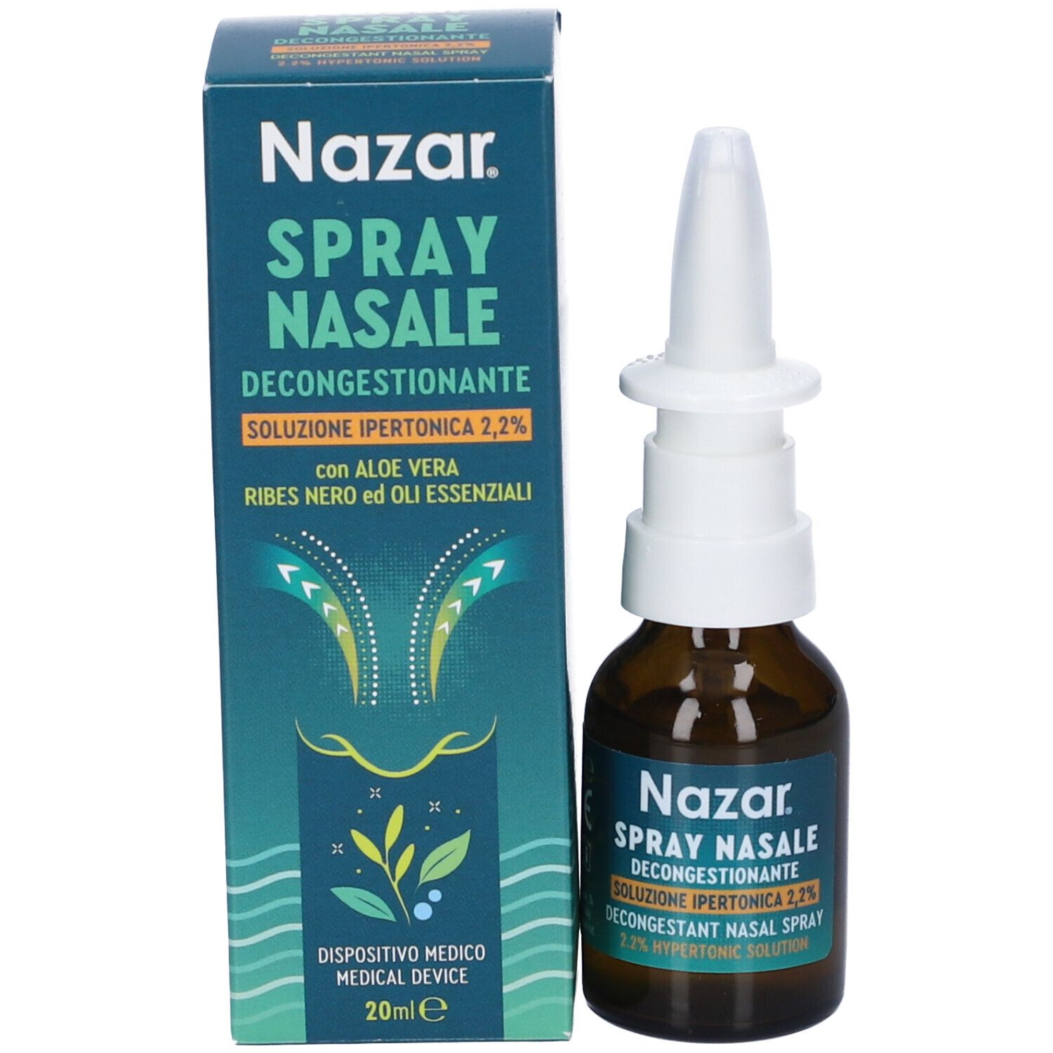 Flacone e scatola. Scritta: Nazar Spray Nasale Decongestionante Soluzione Ipertonica 2,2%. 20ml.