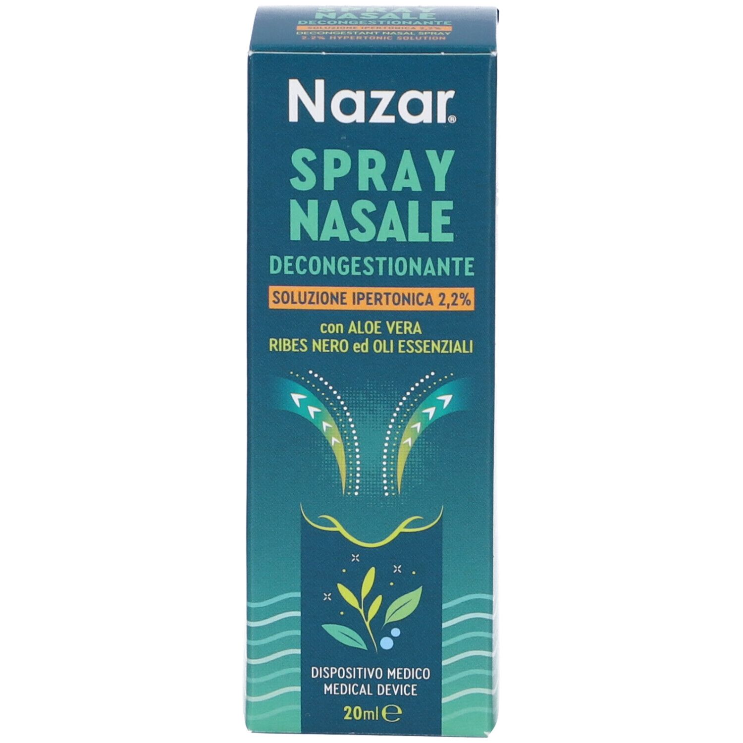 Confezione del prodotto. Scritta: Nazar Spray Nasale Decongestionante Soluzione Ipertonica 2,2%. 20ml. Dispositivo medico.