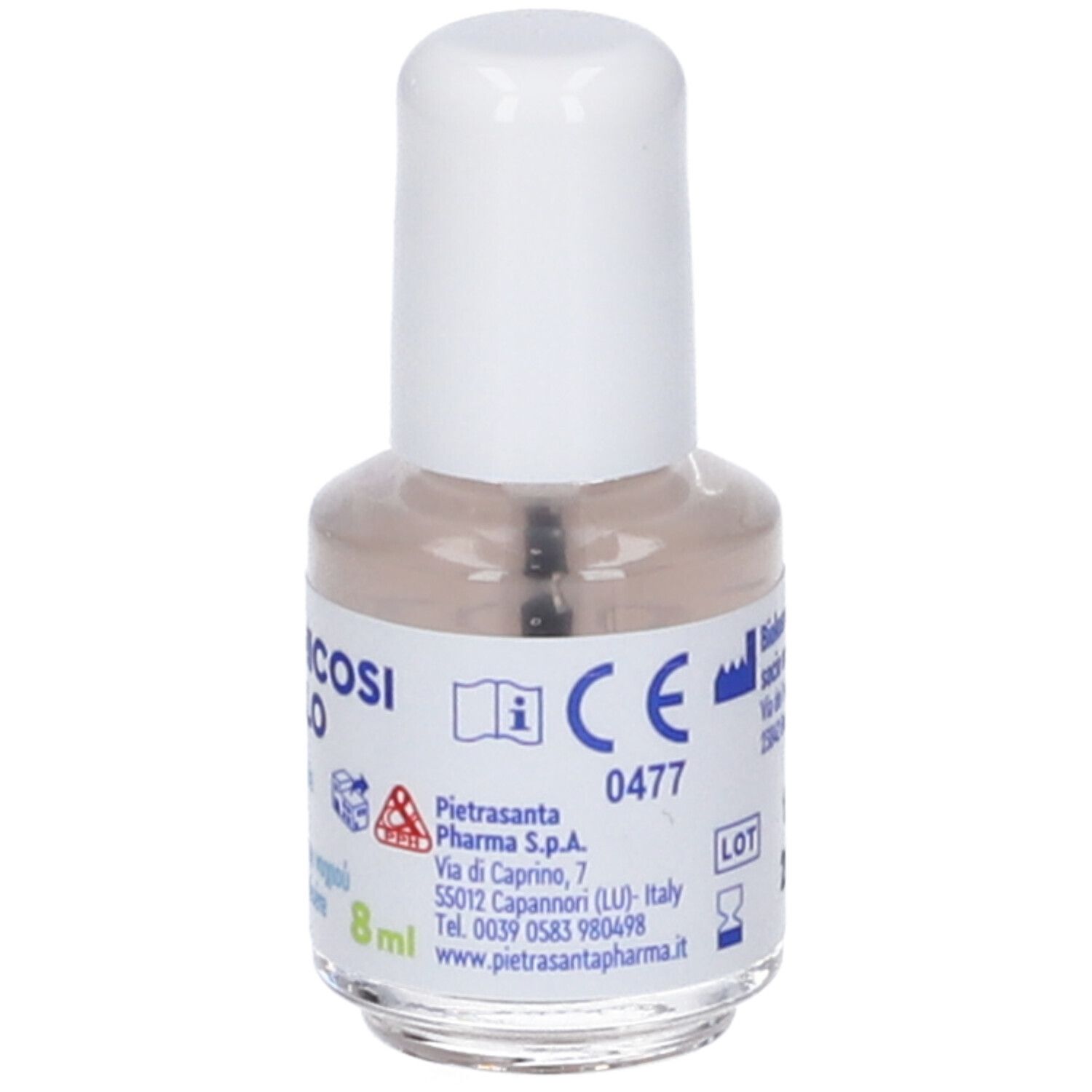 Flacone in vetro con tappo bianco e applicatore a pennello. Riporta marcatura CE 0477, indicazione 8ml e informazioni del produttore.
