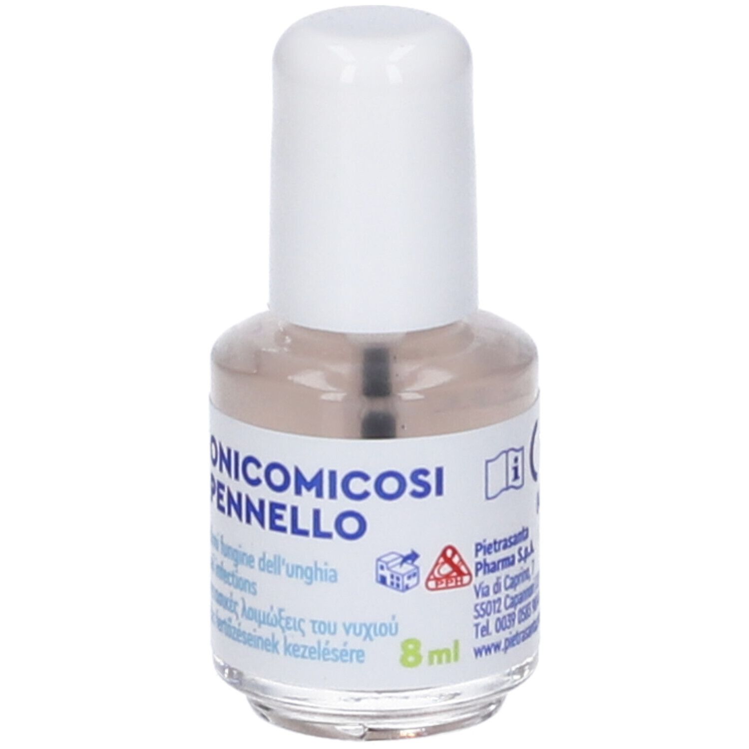 Flacone in vetro con tappo bianco e applicatore a pennello. Etichettatura in italiano, greco e ungherese. Indica 8ml.