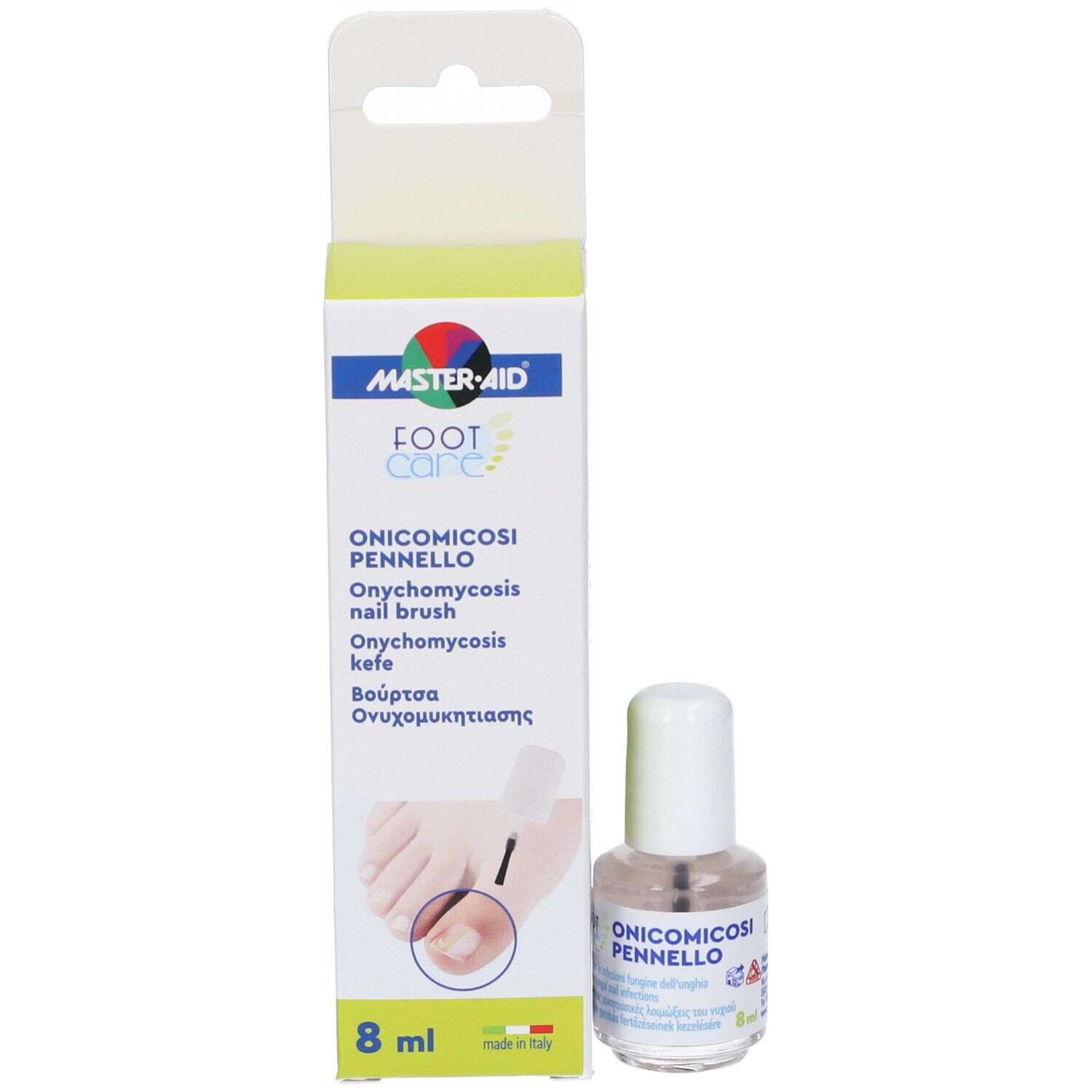 Confezione con logo Master-Aid, scritta Foot Care e informazioni sul prodotto. Contiene flaconcino e illustrazione di un piede.