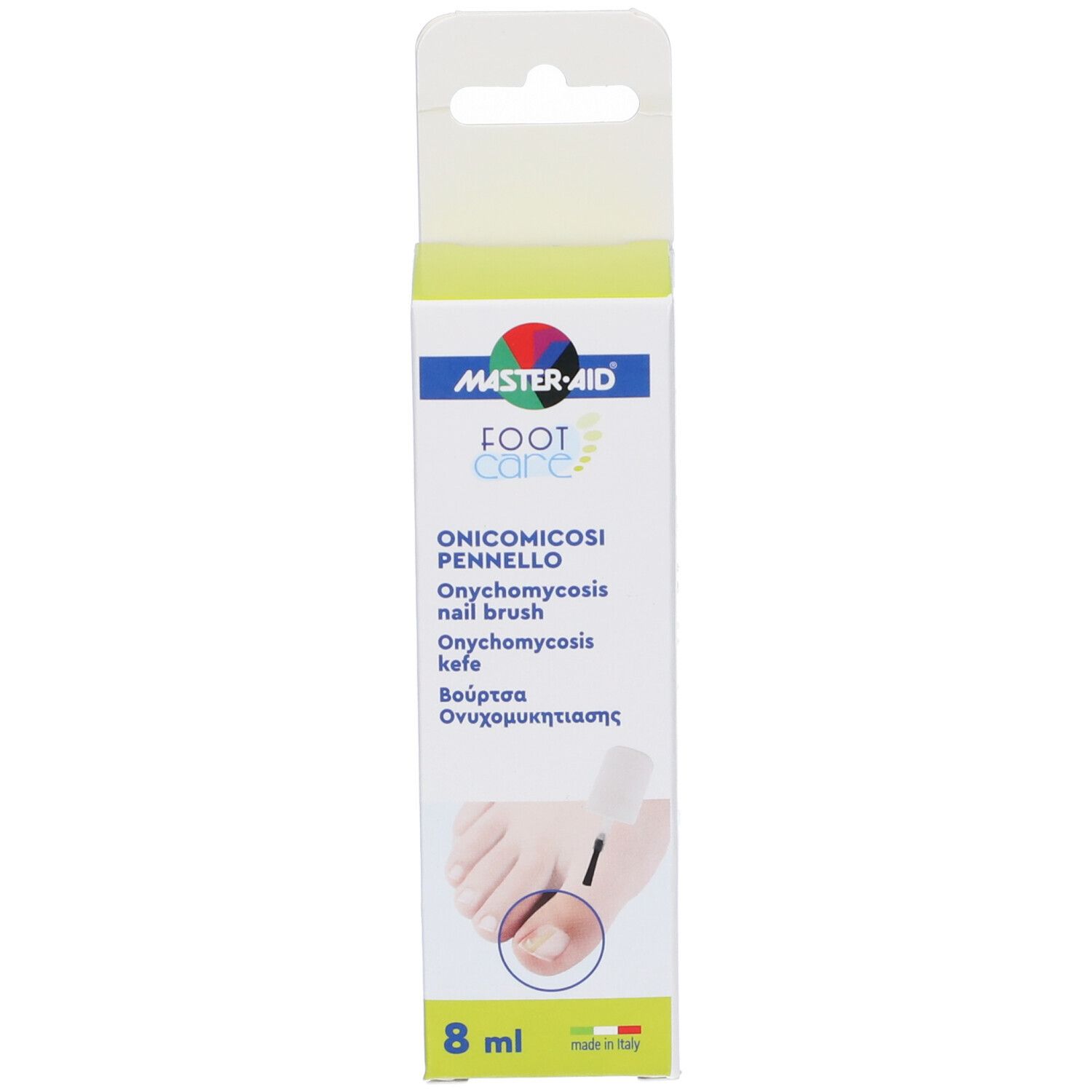 Confezione con logo Master-Aid, scritta Foot Care e informazioni sul prodotto. Contiene flaconcino e illustrazione di un piede.