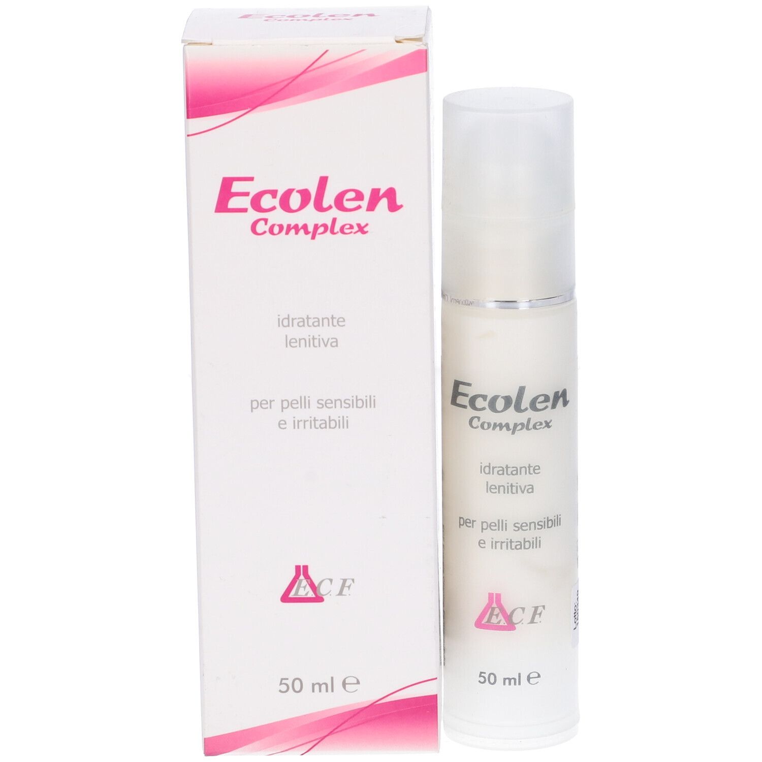 Flacone di crema e confezione. Scritta Ecolen Complex. Testo: idratante lenitiva, per pelli sensibili e irritabili. 50 ml.