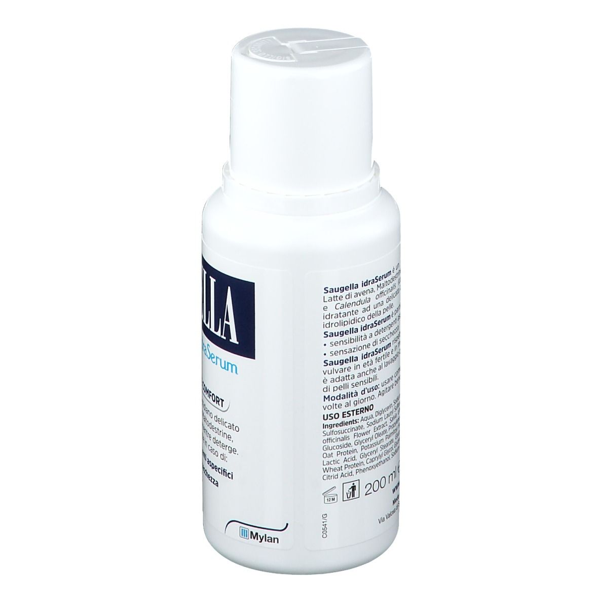 Flacone bianco con etichetta blu. SAUGELLA idraSerum. Retro con testo e ingredienti. 200 ml.
